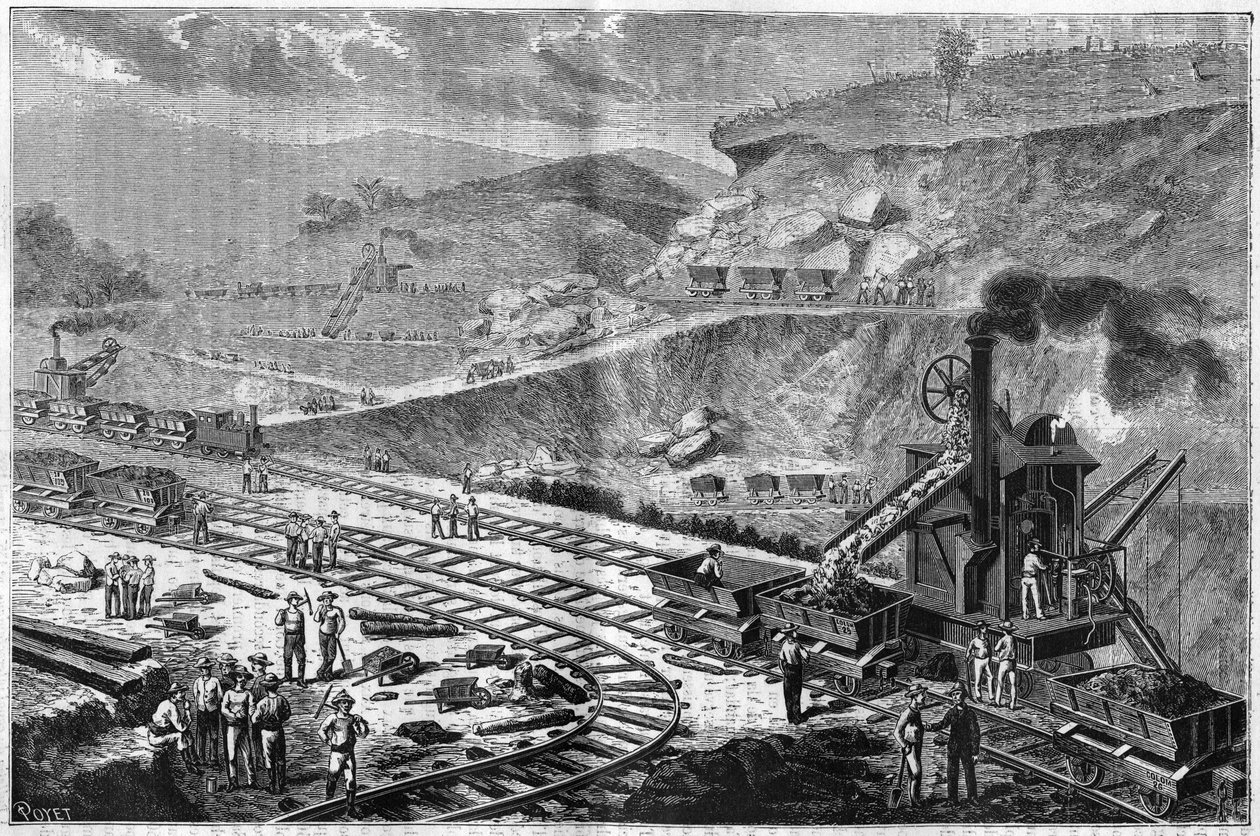 Gravure uit 1885 die het werk van het boren van de Isthmus van Panama toont. Uitzicht op een van de aanvallen bij de scheepswerf van Emperador. door Unknown artist