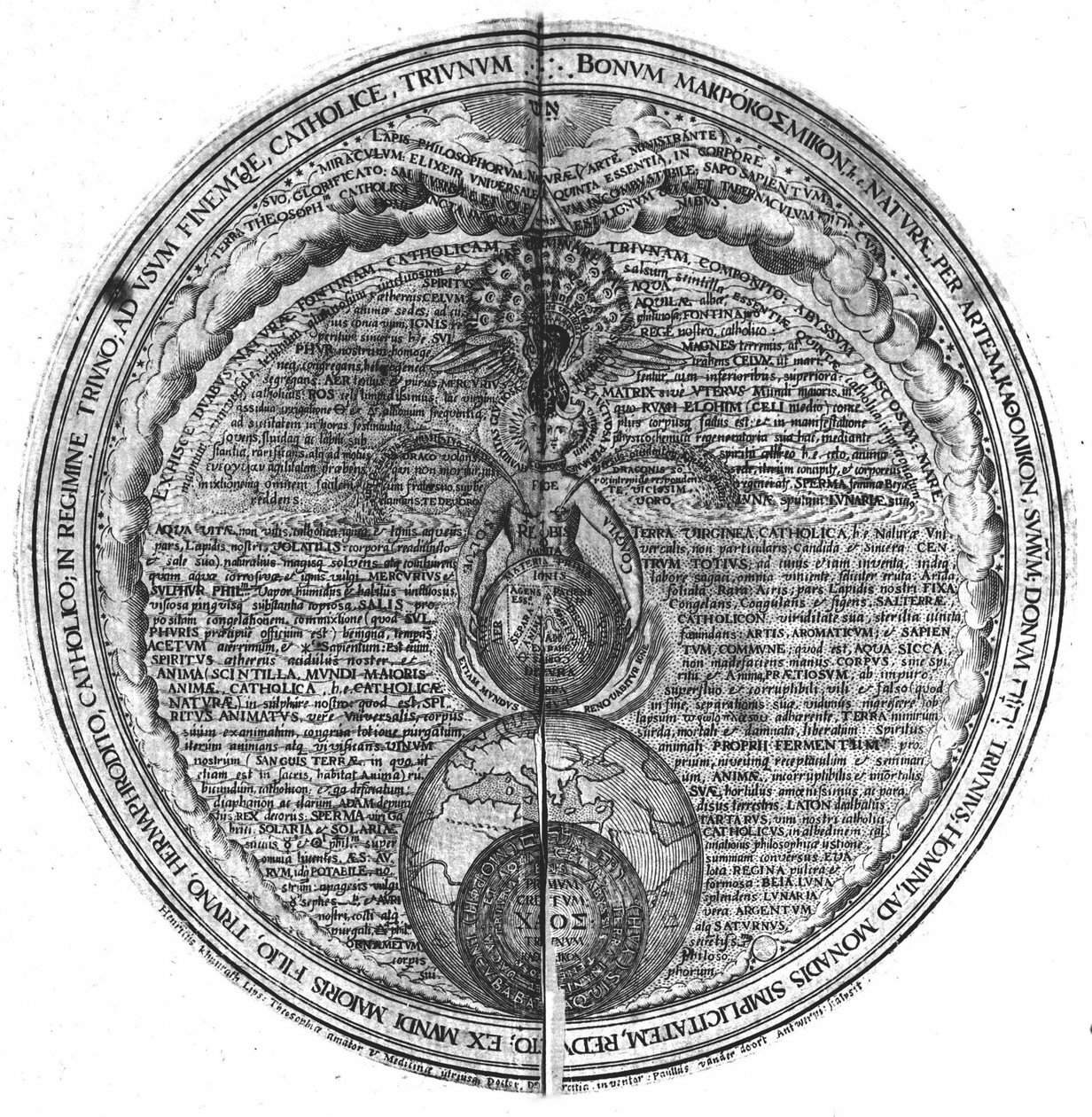 Gravure van het “Amphitheatrum sapientiae aeternae” (Amfitheater van eeuwige wijsheid) (Hamburg: n.n.) door Unknown artist