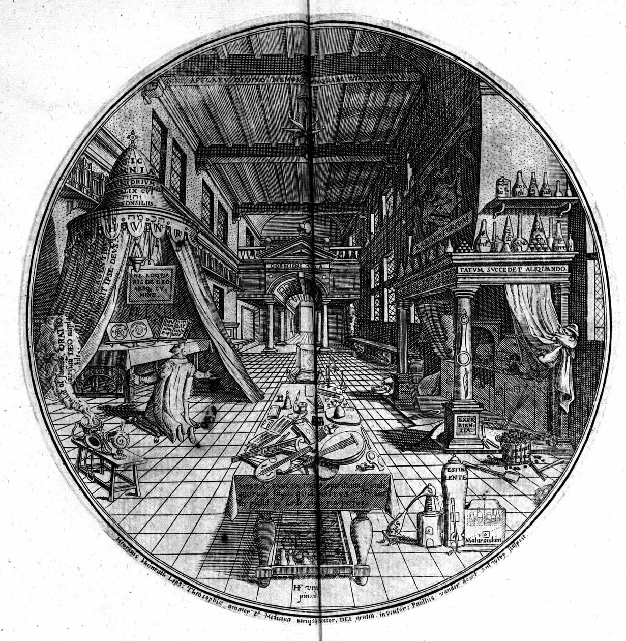 Gravure van het “Amphitheatrum sapientiae aeternae” (Amfitheater van eeuwige wijsheid) (Hamburg: n.n.) door Unknown artist