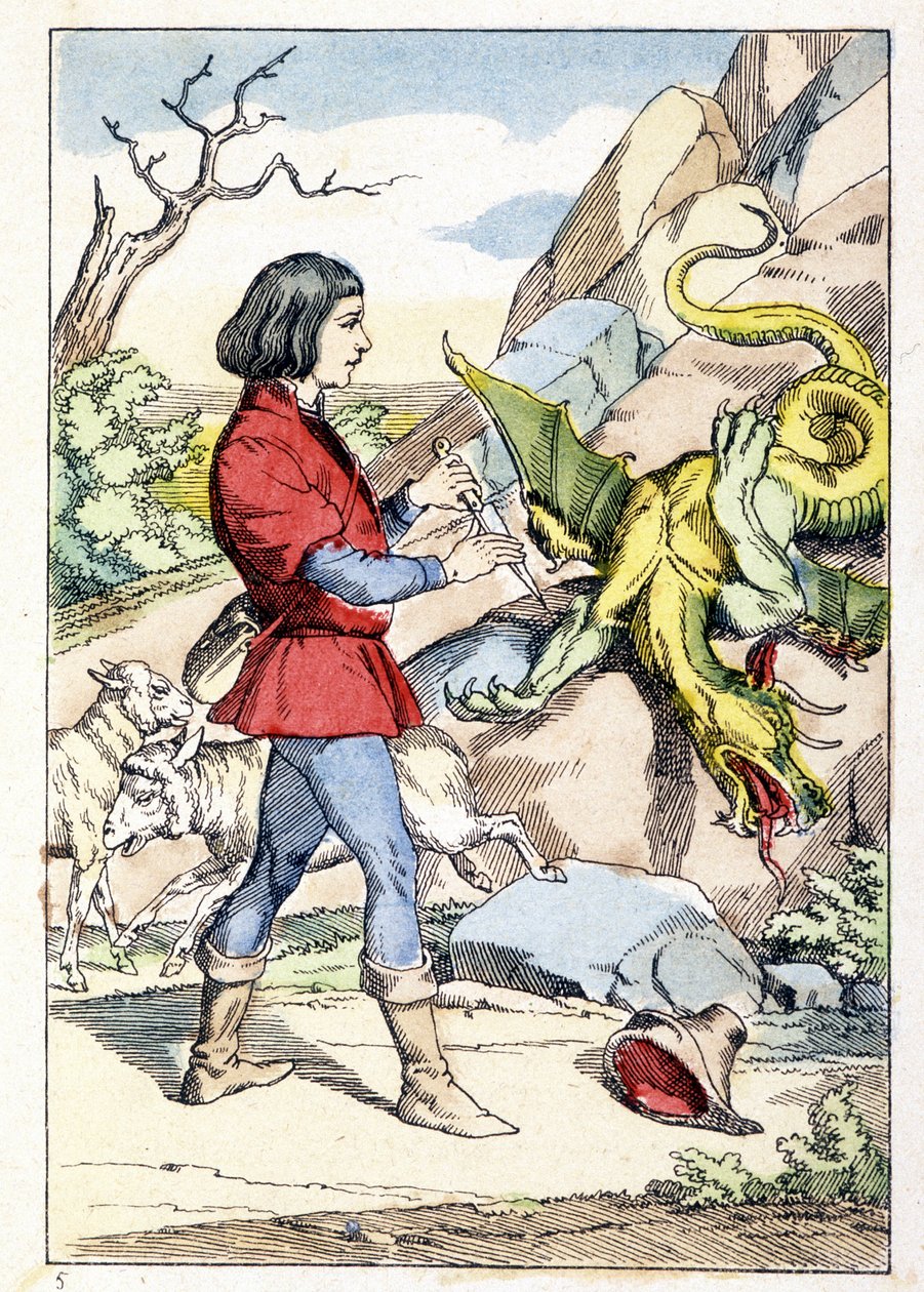 Gravure die een herder met een mes toont, klaar om een draak te confronteren. Het beest verstijfde zodra de herder zijn mes opende. Verhaal door Charles Perrault: 