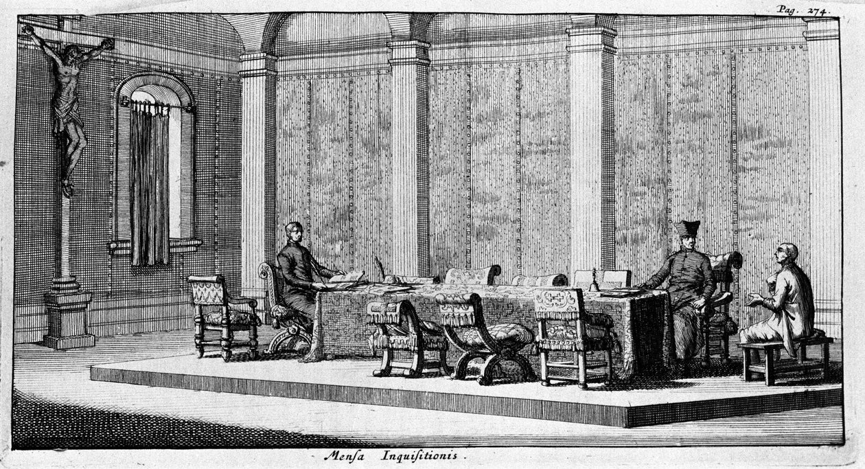 Gravure die een ondervraging in het Tribunaal van de Inquisitie voorstelt. 17e eeuw door Unknown artist
