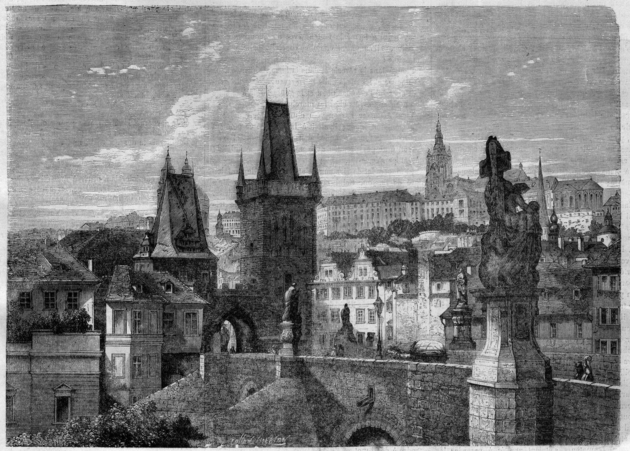 Ingang van de Karelsbrug in Praag - Gravure in 