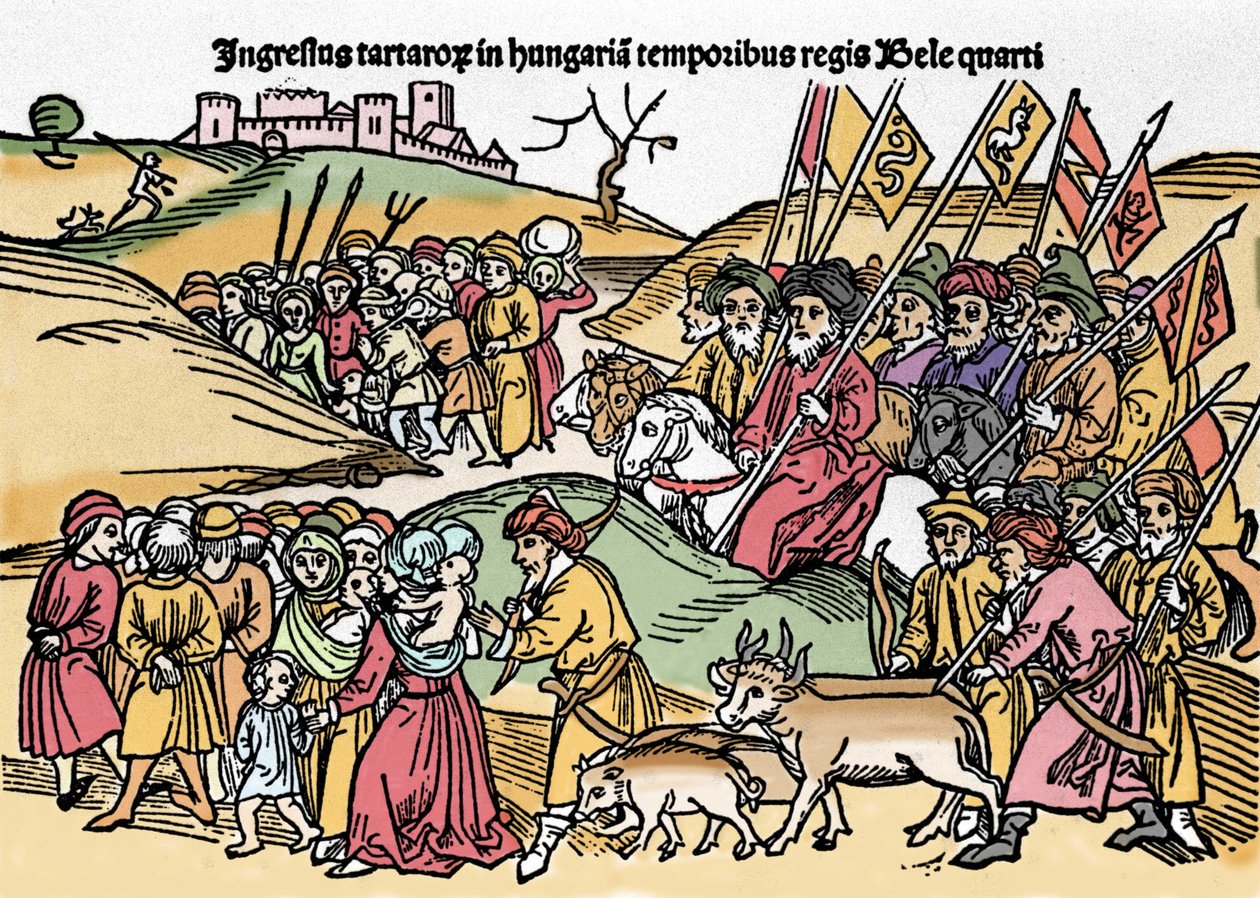 De intocht van de Tartaren in Hongarije onder het bewind van Bela IV van Hongarije. Gravure uit 