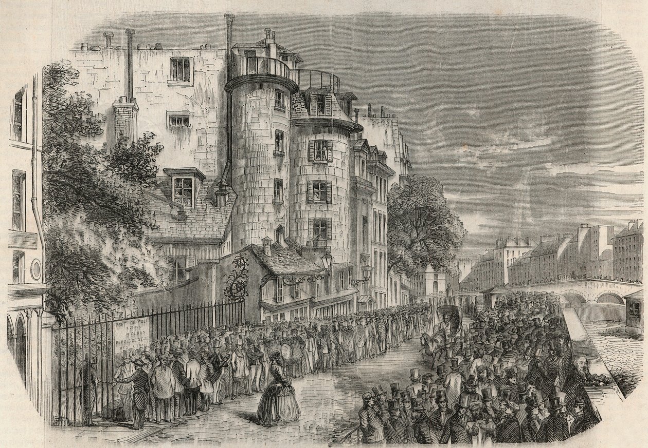 Ingang van de politieprefectuur door rue de Jerusalem op de hoek van Quai des Orfevres in Parijs in de 19e eeuw voor 1871 - Gravure in 