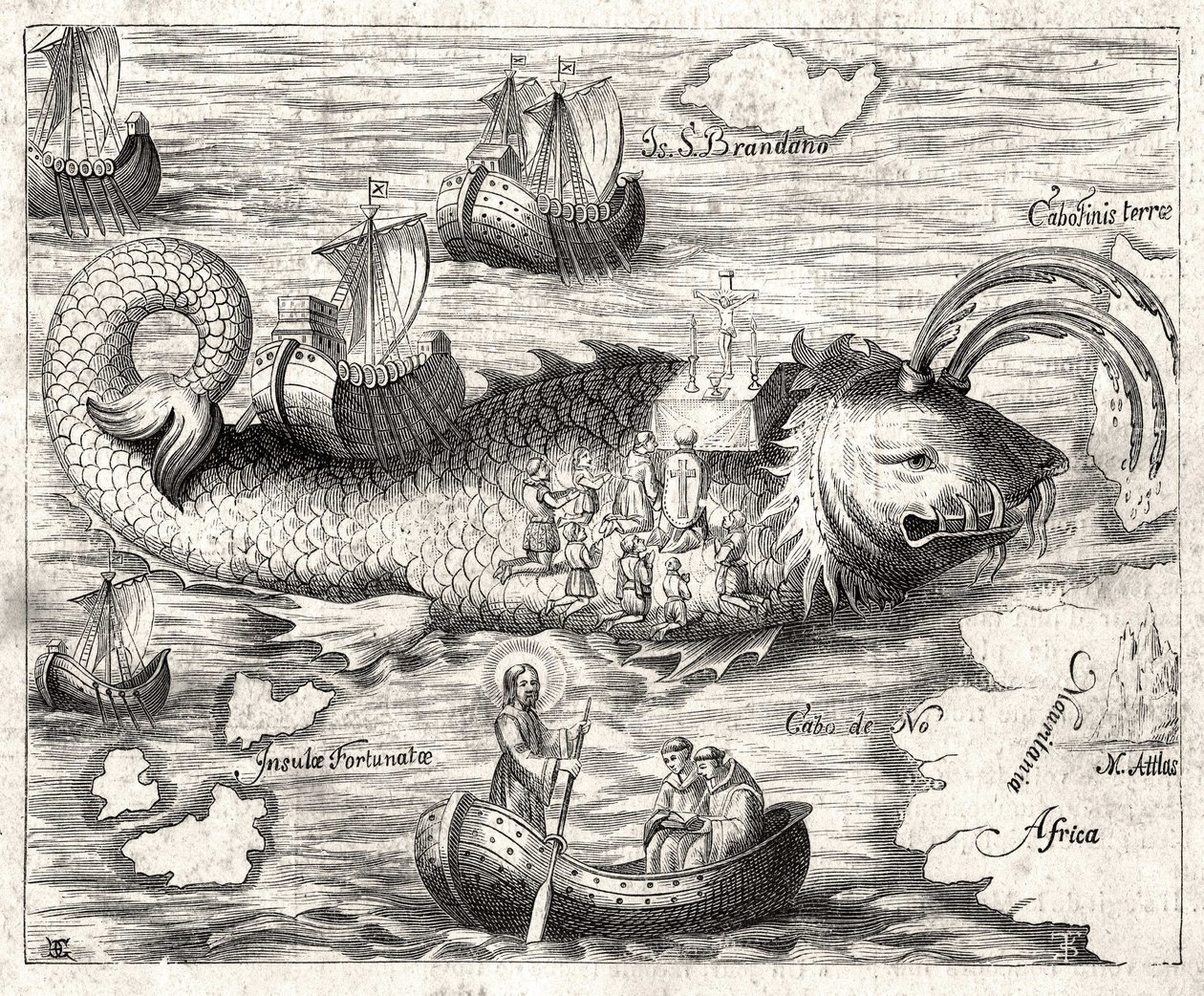Episode van de Legende van Sint Brandan: een fantastische reis van de Ierse abt uit de 6e eeuw op zoek naar het aardse paradijs. Prent uit 1621. door Unknown artist