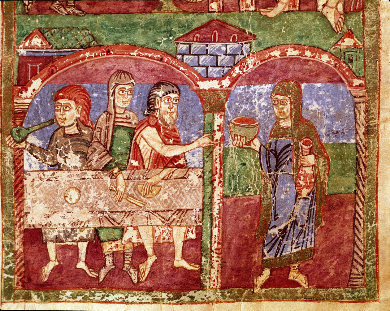 Episode uit het leven van Sint Radegonde van Poitiers, vrouw van Clotaire I, koning der Franken: Radegonde tijdens haar liefdadigheidswerken (miniatuur uit een 11e-eeuws manuscript) door Unknown artist