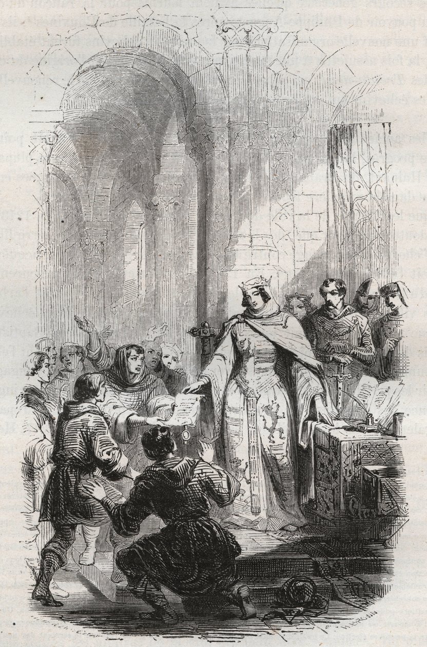 Ermesinde, gravin van Luxemburg - Handvest van portvrijdom verleend door Ermesinde I van Luxemburg aan de inwoners van Luxemburg in 1243 - Gravure uit 1868 in 
