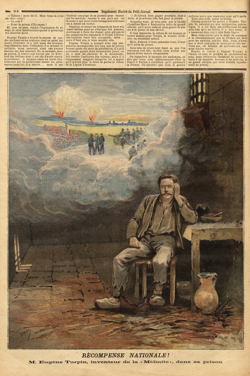 Eugene Turpin (1848-1927) chemicus, uitvinder in 1884 van meliniet (een explosief), in zijn cel, beschuldigd (ten onrechte) van het verkopen van zijn uitvinding aan de vijand. Hij inspireert Jules Verne voor het personage van Thomas Roch in de roman 