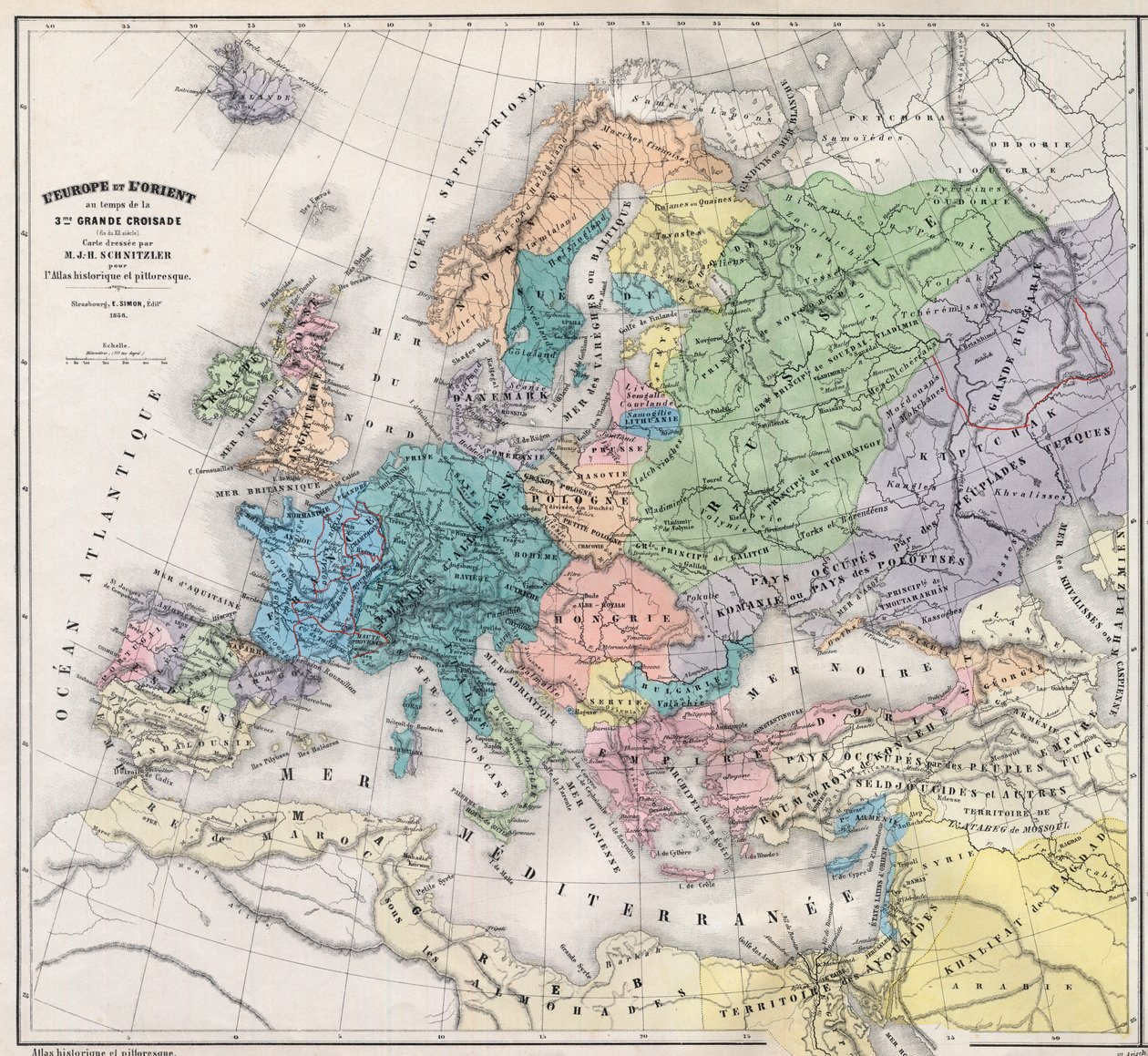 Europa en het Oosten ten tijde van de 3e Kruistocht aan het einde van de 13e eeuw - Kaart voorbereid door M J-H Schnitzler, Historisch en Pittoresk Atlas 1858 door Unknown artist