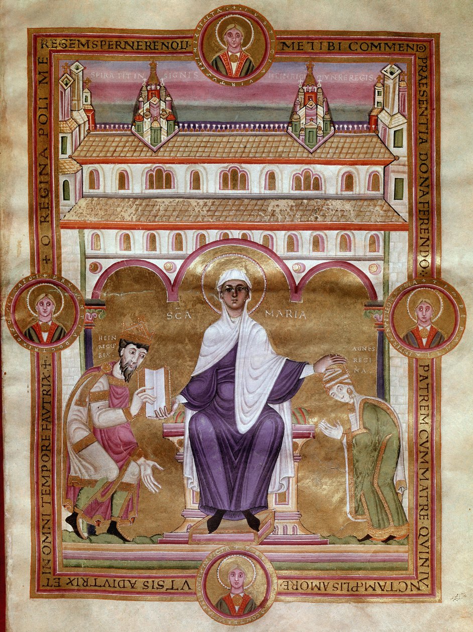 Evangelische pagina (Gouden Bijbel) van keizer Hendrik III zegt zwart (1017-1056) vertegenwoordigt knielend met zijn vrouw Agnes d