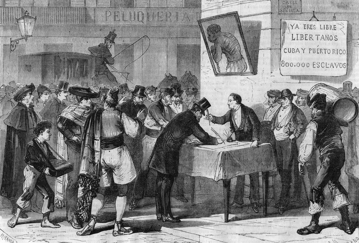 Gebeurtenissen in Spanje in 1885: openbare inschrijving in Madrid voor de aankoop van slaven uit Cuba en Puerto Rico door Unknown artist
