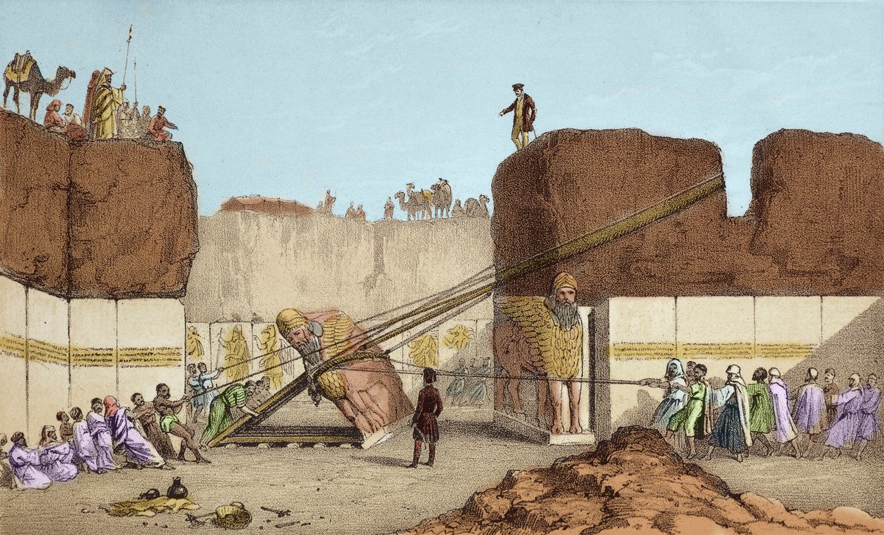 Opgravingen van Nineveh (Nineveh) - De ruïnes van Nimrud (Nimroud) door Henri Layard (na zijn reis naar Mesopotamië in de 19e eeuw); vervanging van de grote stierenvleugel - Het transport van een gevleugelde stier uit Nimrud, tijdens de opgravingen van Sir door Unknown artist