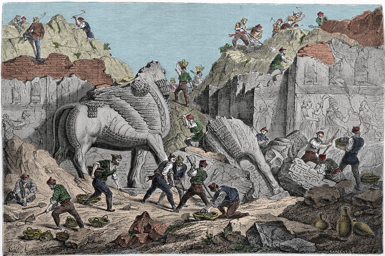 Opgravingen ondernomen door Paul-Emile (Paul Emile) Botta, consul van Frankrijk in Nineveh op de site van Khorsabad (Khunsabad), voormalige Assyrische hoofdstad ten noorden van Mosul. Irak. Gravure uit de 19e eeuw. door Unknown artist