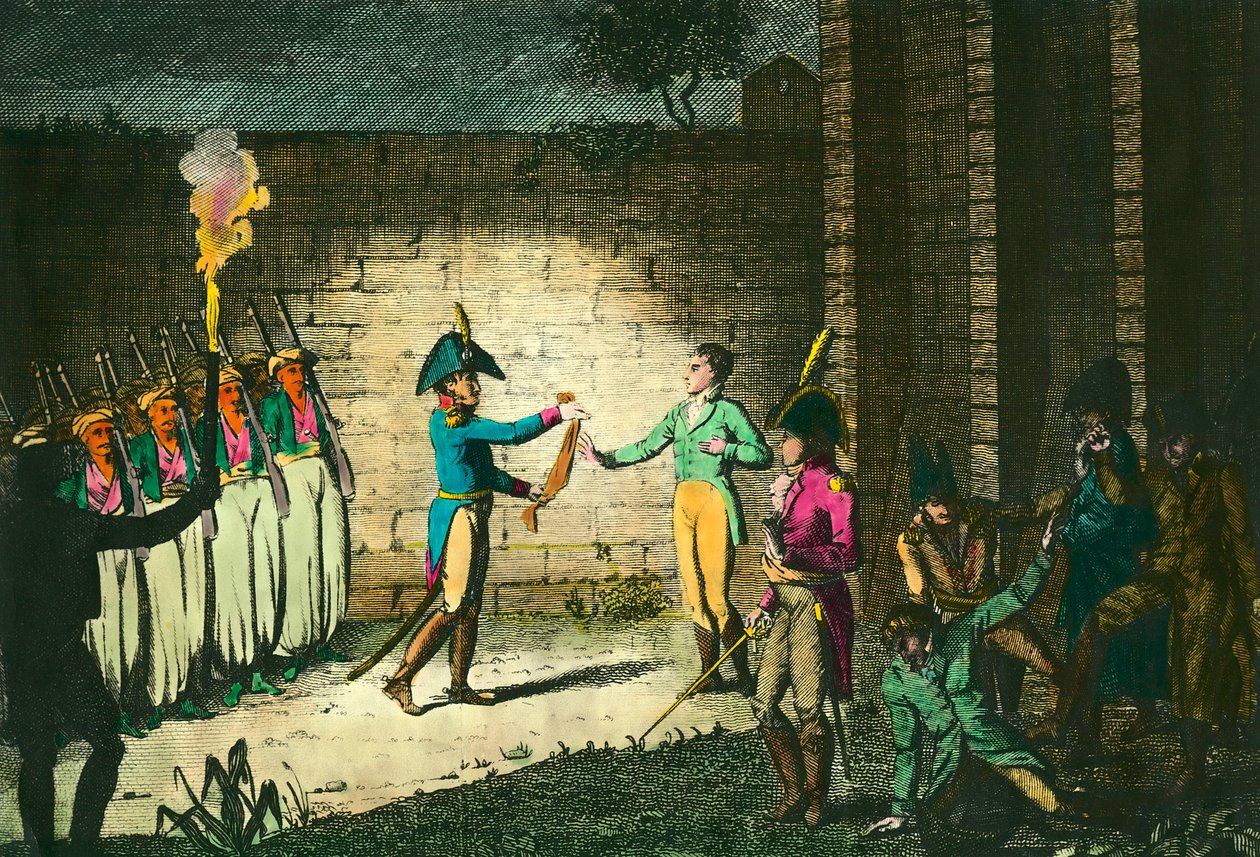 Executie van Louis de Bourbon, Hertog van Enghien (1772-1804) op 21 maart 1804 in Vincennes, verdacht zonder bewijs van samenzwering tegen de Eerste Consul Napoleon Bonaparte. Gravure rond 1804. Privécollectie door Unknown artist