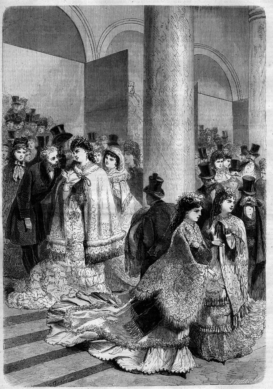 Einde van een voorstelling aan de boulevard des Italiens in Parijs. Gravure in "L