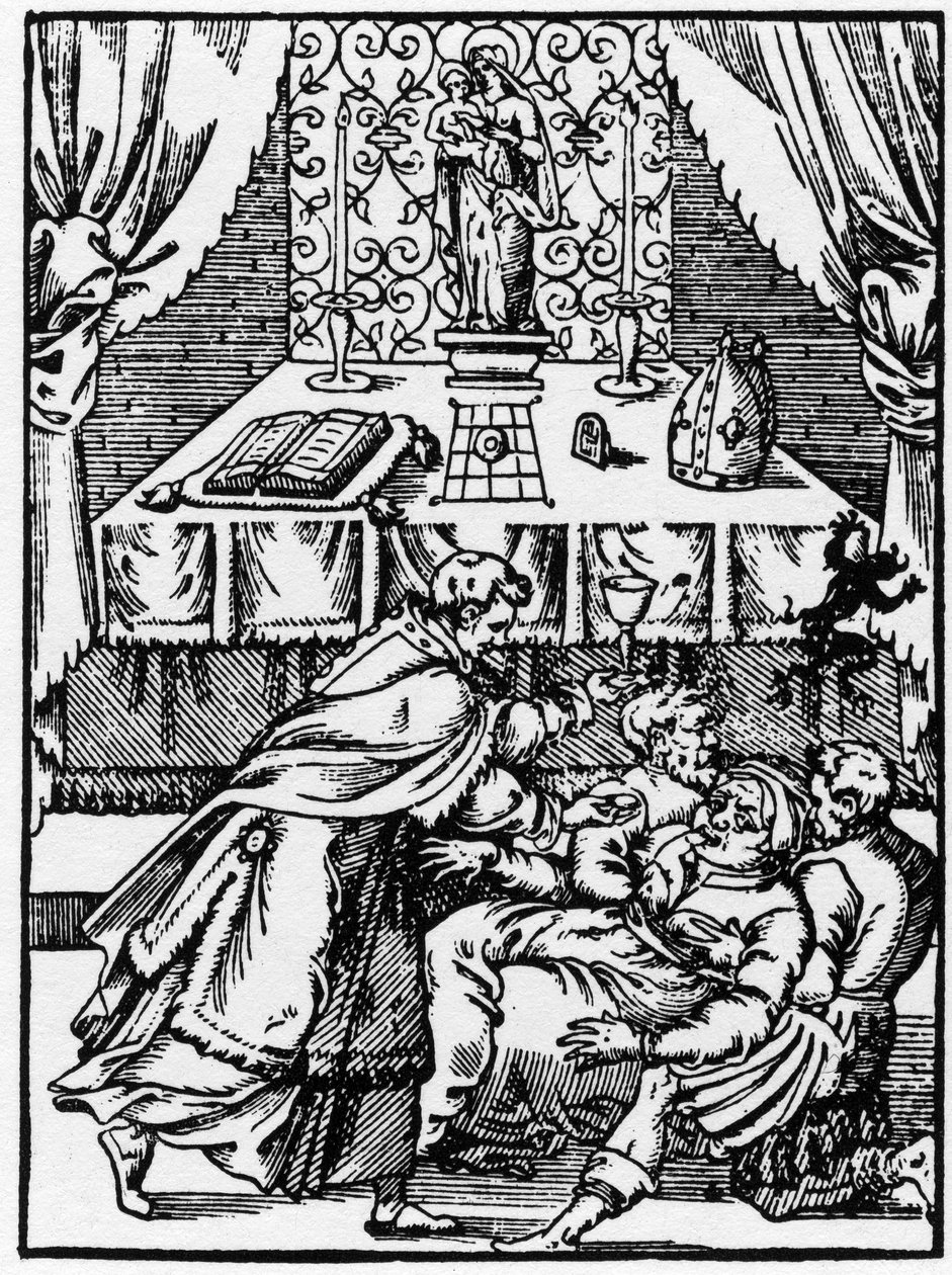 Exorcisme: een demon verlaat het lichaam van een bezeten heks terwijl een priester hem de Communie aanbiedt - Gravure uit 