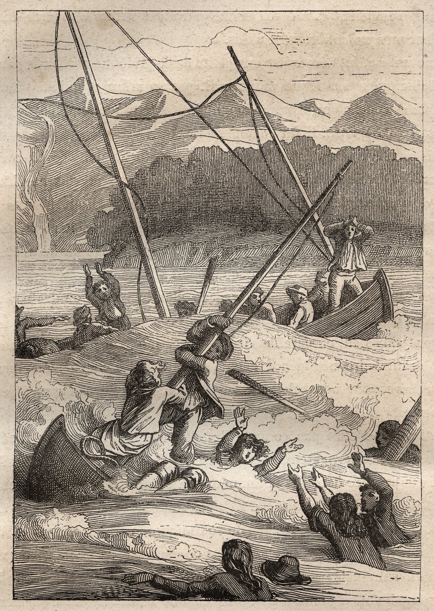 Expeditie rond de wereld (1785-1788) door Jean Francois Galaup de La Perouse (1741-1788): schipbreuk van de boten in de haven van de Fransen (Alaska) - illustratie uit De Grote Zeevaarders van de 18e eeuw door Unknown artist