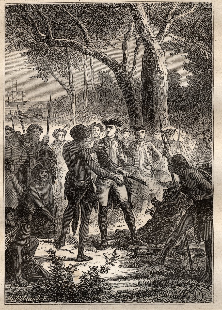 Expeditie door Nicolas Thomas Marion-Dufresne (1729-1772): Marion landde in Frederick Henry Bay (Tasmanië) en kreeg een brandende fakkel aangeboden door de inheemse bevolking - illustratie uit 