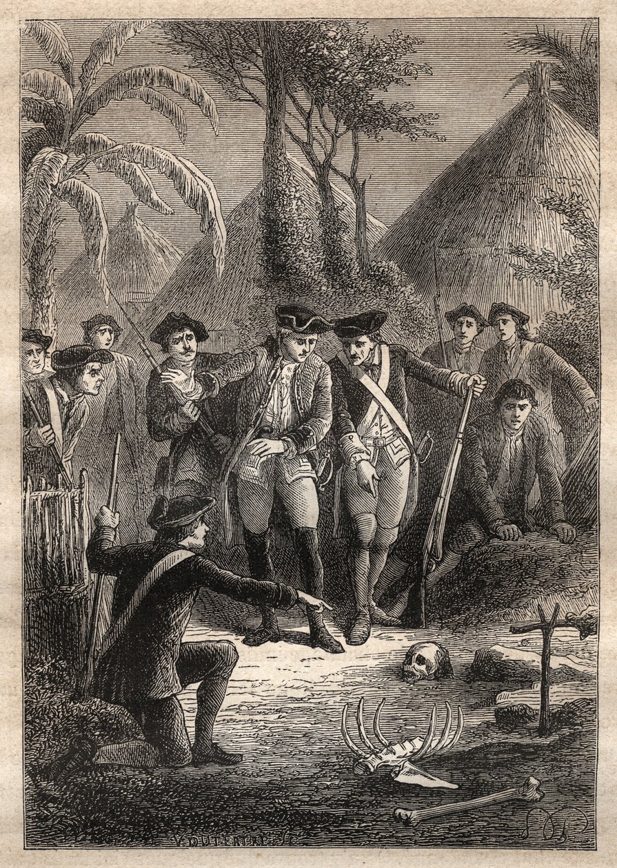 Expeditie door Nicolas Thomas Marion-Dufresne (Marion Dufresne) (1729-1772): op zoek naar Marion en hun vermiste kameraden ontdekken zeelieden een schedel en menselijke resten in het dorp Tacouri (Matuaro-eiland, Nieuw-Zeeland) - illustratie uit 