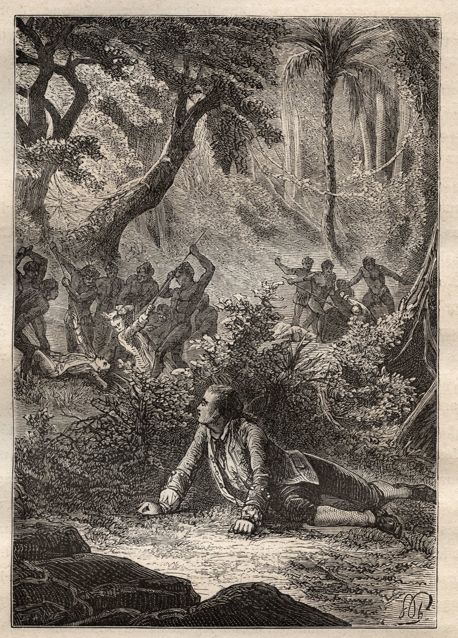Expeditie door Nicolas Thomas Marion-Dufresne (Marion Dufresne) (1729-1772): de enige overlevende matroos getuigt van het bloedbad van al zijn kameraden, inclusief Marion, door de inboorlingen van Assassins Bay (Matuaro-eiland, Nieuw-Zeeland) - illustratie door Unknown artist