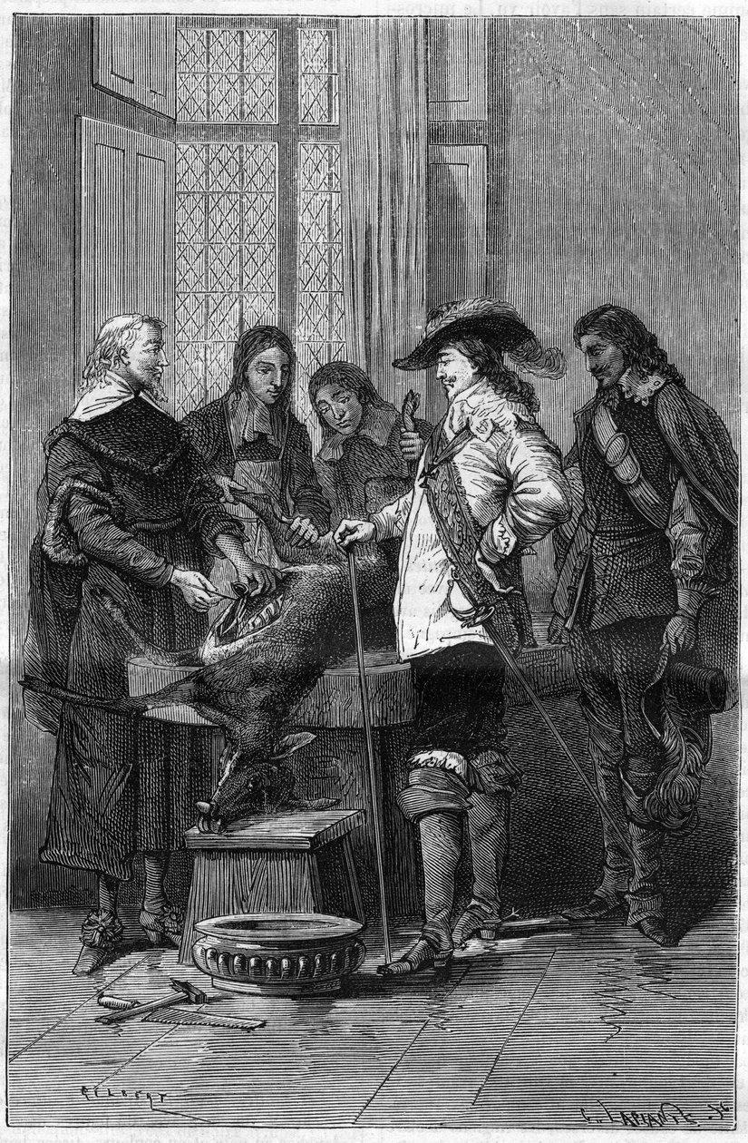 Ervaring van William Harvey (1578-1657), Engelse arts die Karel I Stuart (1600-1649) koning van Engeland en artsen van het Royal College of London het fenomeen van de bloedsomloop toont op een levende hinde. Gravure in "La Nature" door Unknown artist