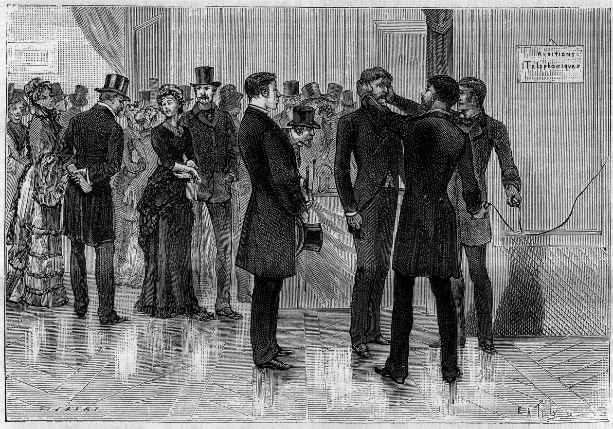 Ervaring van telefonische transmissies zonder ontvangers gemaakt bij de "Société de Physique" in Parijs, 16 april door Unknown artist