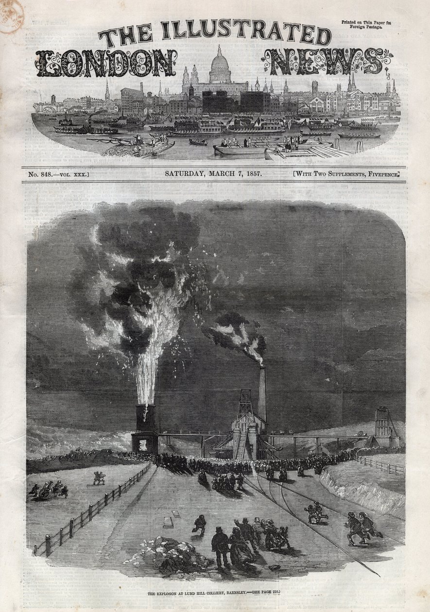 Explosie in de Lund Hill kolenmijn in Barnsley, Engeland. Gravure in 