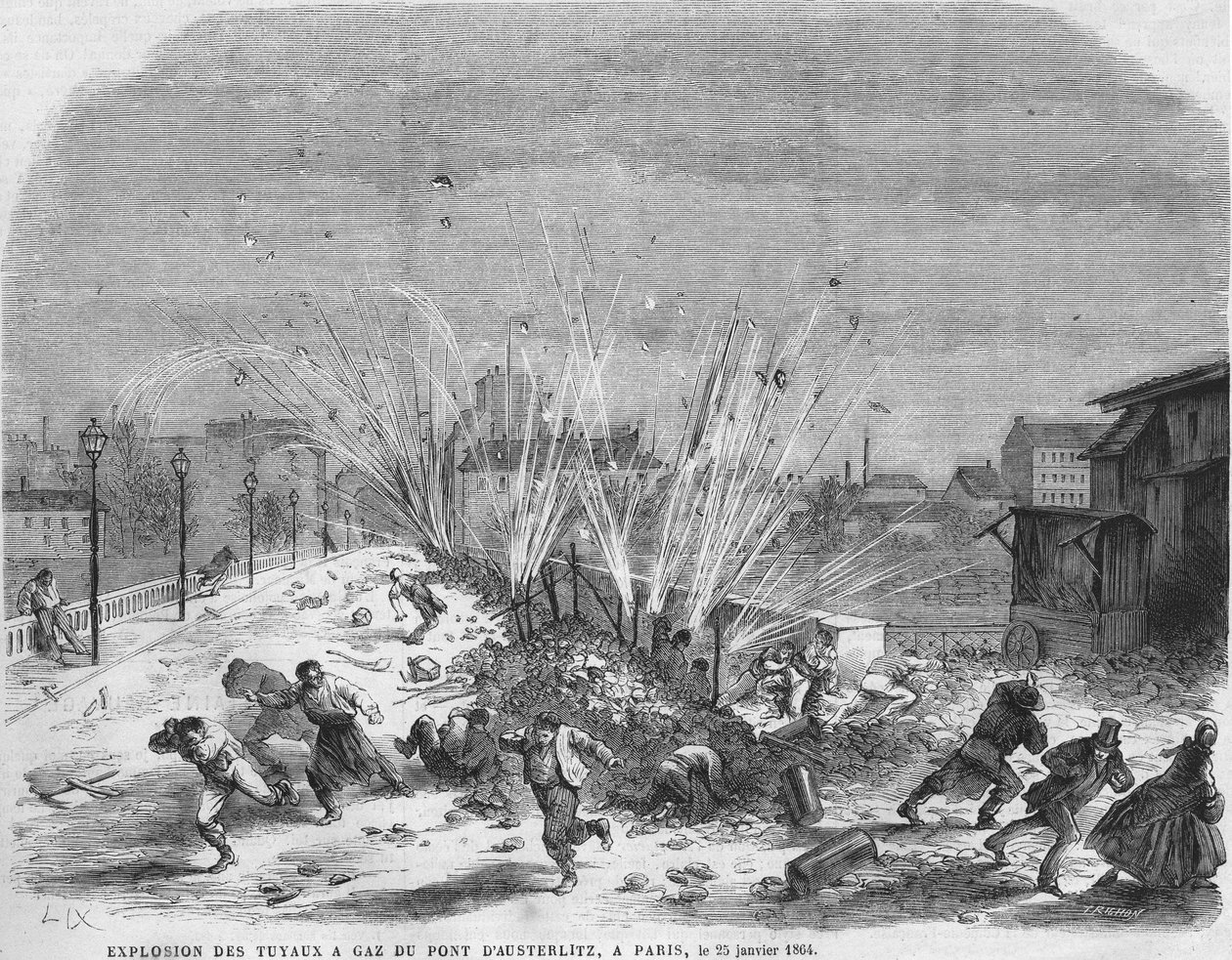 Explosie van gasleidingen van de brug van Austerlitz, Parijs, 25 januari door Unknown artist