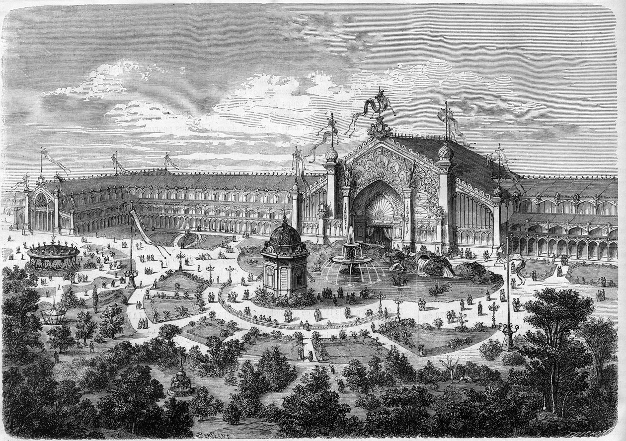 Exposition Universelle de Lyon: de galerijen gezien vanuit het park. Gravure in "L