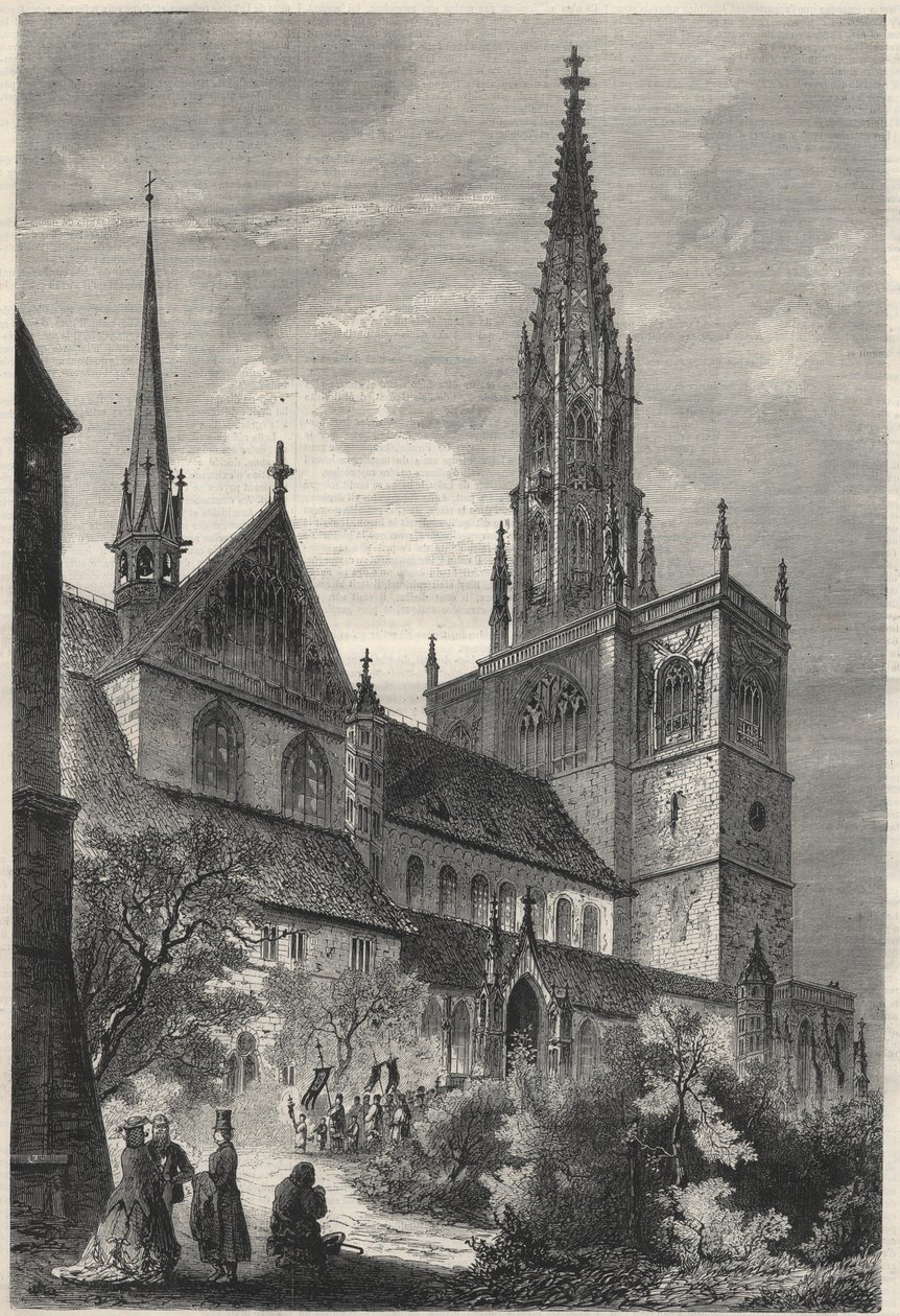 Buitenaanzicht van de Notre Dame Kathedraal in Konstanz, Duitsland. Gravure in 
