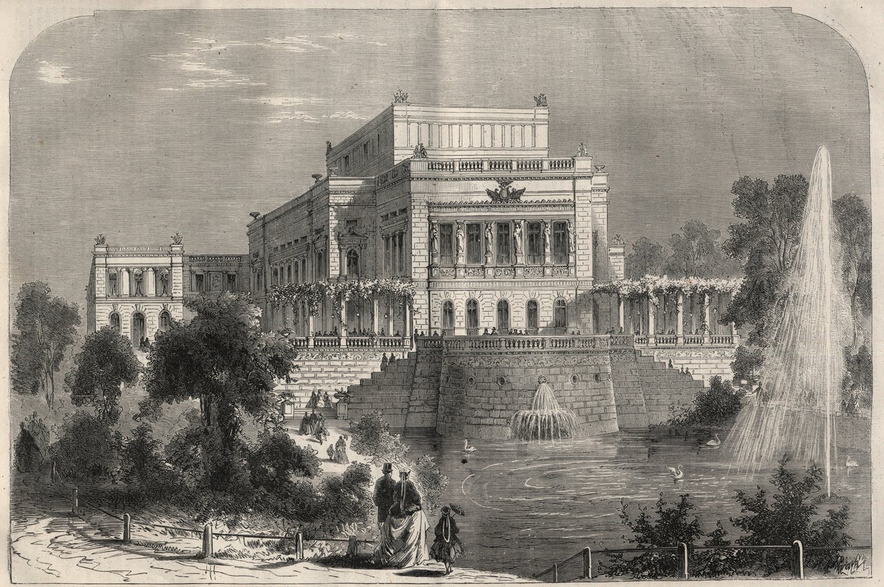 Buitenzicht van het nieuwe theater in Leipzig, Duitsland. Gravure in 