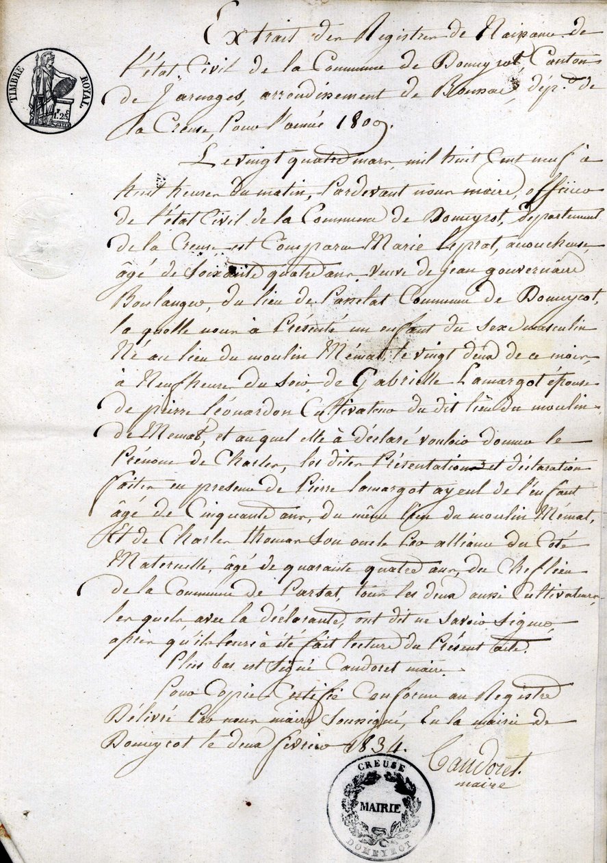 Uittreksel uit het geboorteregister van de burgerlijke stand van de gemeente Dommyrot, gewaarmerkte kopie van 2 februari door Unknown artist