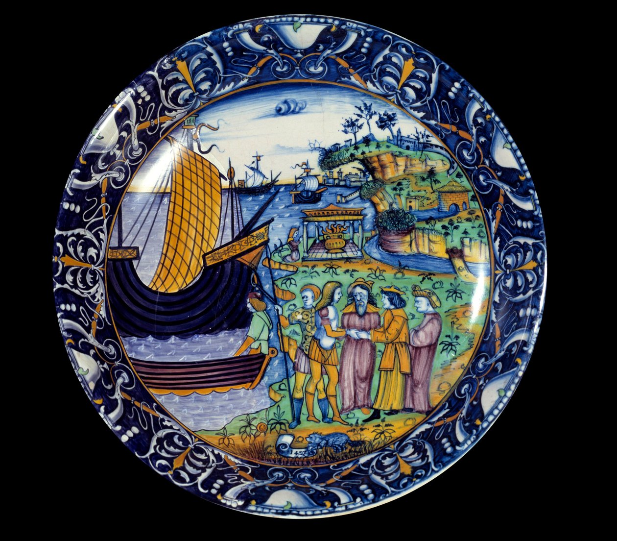 Faience schaal die de aankomst van Enee in Delos toont, ontvangen door koning Arius door Unknown artist
