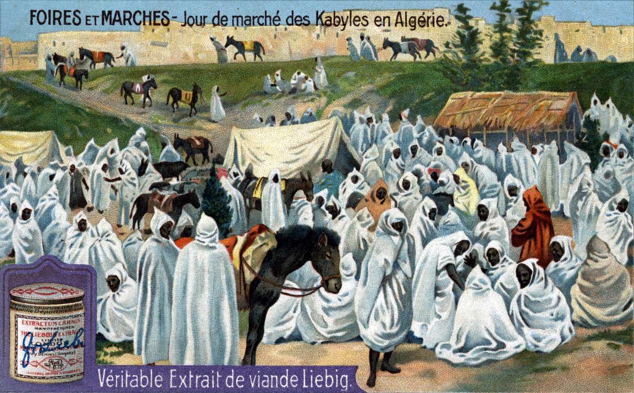 Beurzen en markten: Kabyl-marktdag in Algerije. Chromolithografie, Liebig afbeelding. door Unknown artist