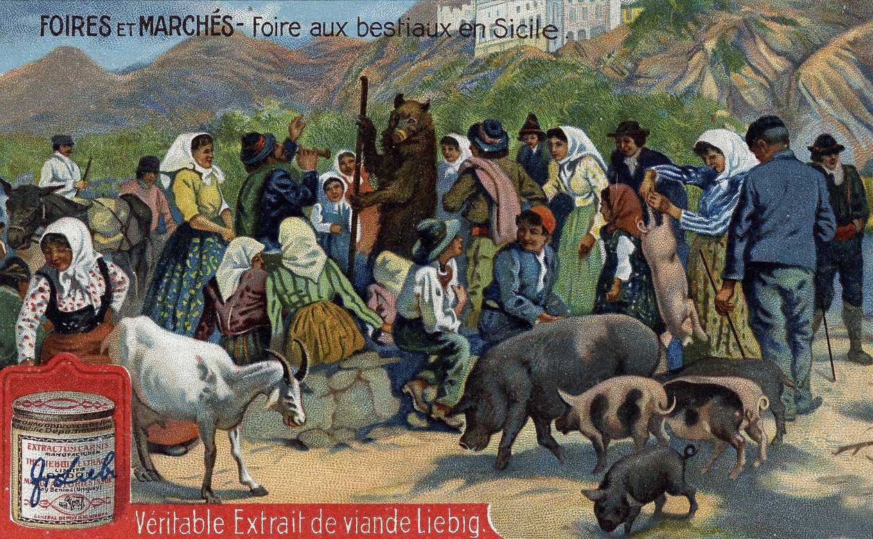 Beurzen en markten: veehandel in Sicilië. Chromolithografie, Liebig afbeelding. door Unknown artist
