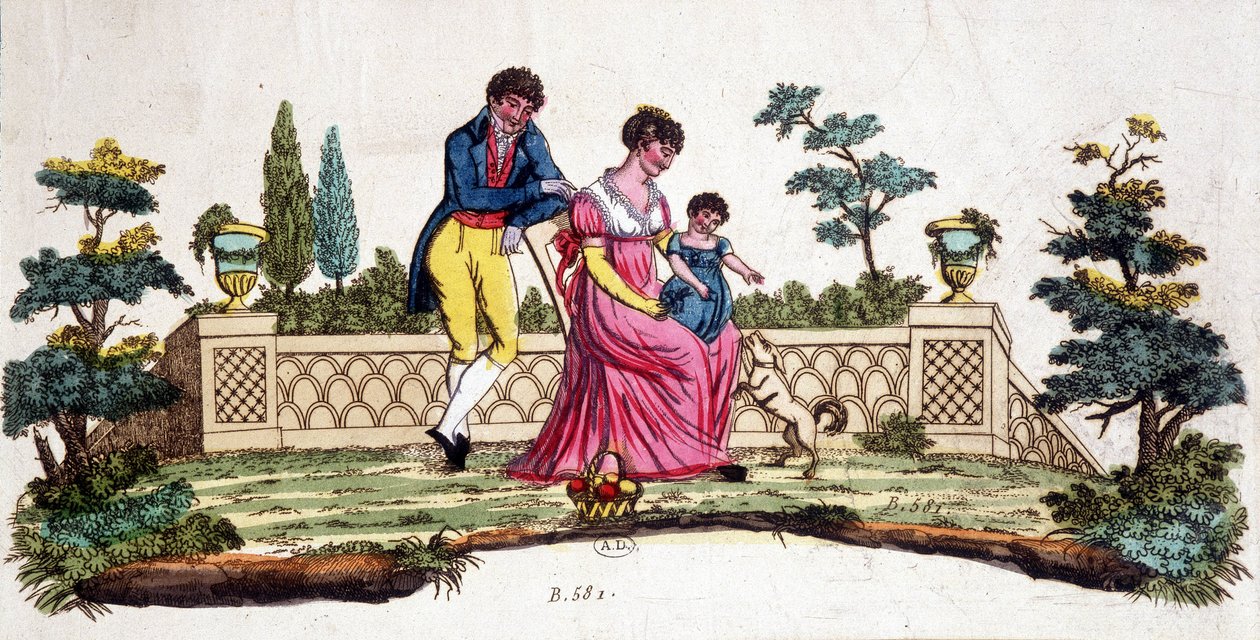 Familie in een park. Vroege 19e-eeuwse gravure. door Unknown artist
