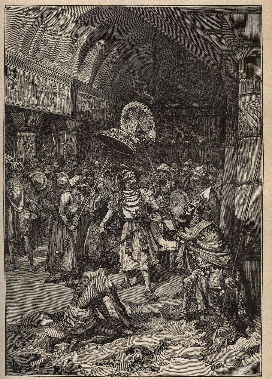 Beroemde diamanten: maharadja van Lahore, Ranjit Singh (1780-1839), neemt de Koh-i Nor-diamant over. Gravure uit 1885 in “Les arts et métiers illustrés” door Adolphe BITARD door Unknown artist