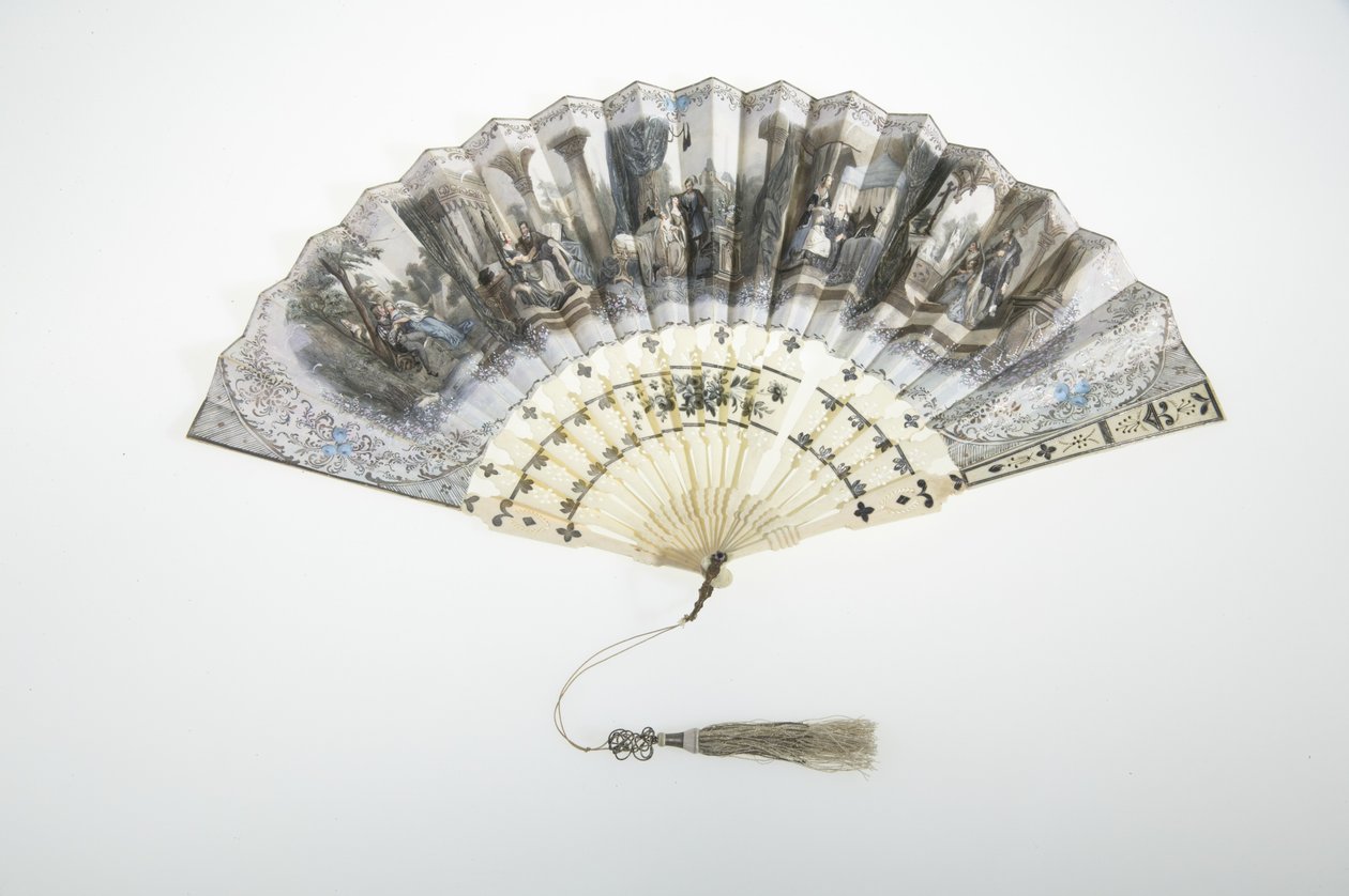 Waaier, ca. 1850, geschilderd papier, been, zilver en zijden-metalen draad kwast, maker onbekend door Unknown artist