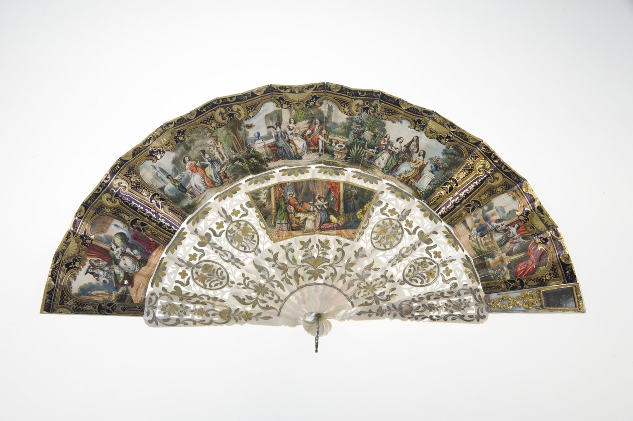 Waaier, ca. 1860, Gedrukt en geschilderd papier, parelmoer, goud, zilver en koper, en spiegel, Maker onbekend door Unknown artist