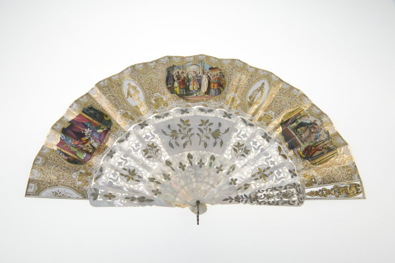 Waaier, c.1860, Gedrukt en geschilderd papier, parelmoer, goud, zilver en koper metalen, en spiegel, Maker onbekend door Unknown artist