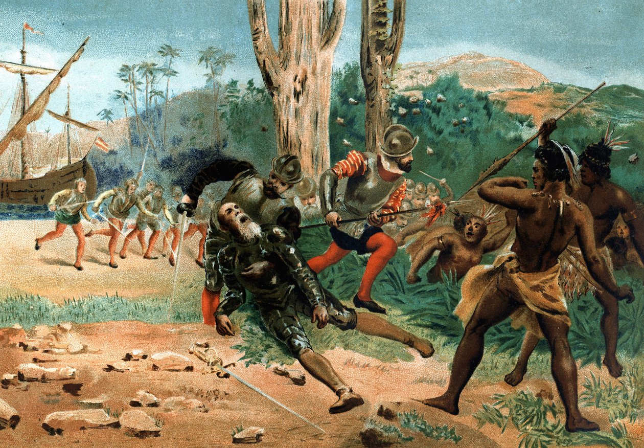 Fernand de Magellan stierf (circa 1480-1521), Portugese navigator, gedood op het eiland Mactan (Filipijnen) op 27 april 1521. na hombres y Mujeres celebres. Barcelona 1877. door Unknown artist
