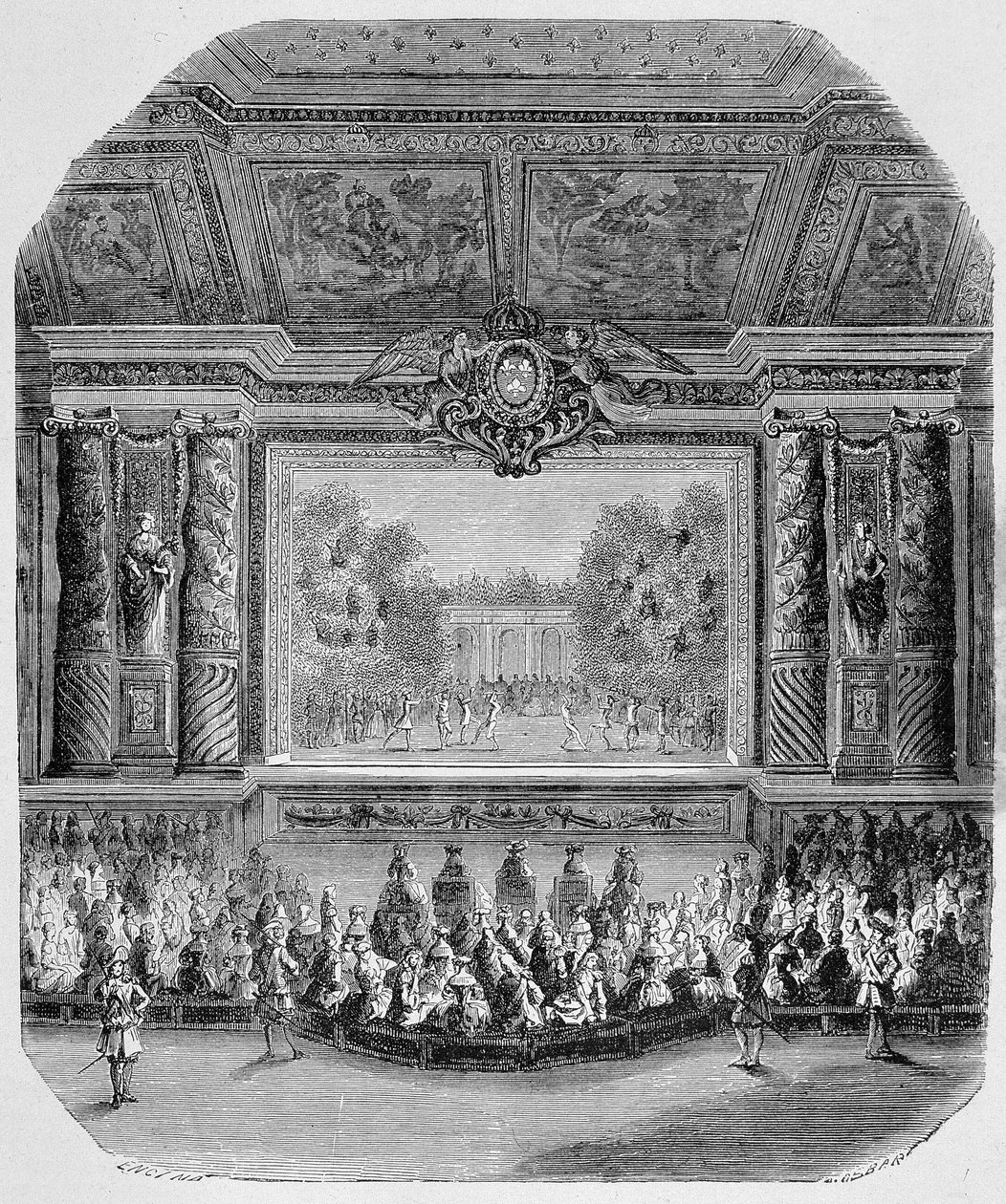Feest van Lodewijk XIV, door de hertog van Saint Aignan (Komedie in muziek, gespeeld in het park van Versailles) Gravure door Unknown artist