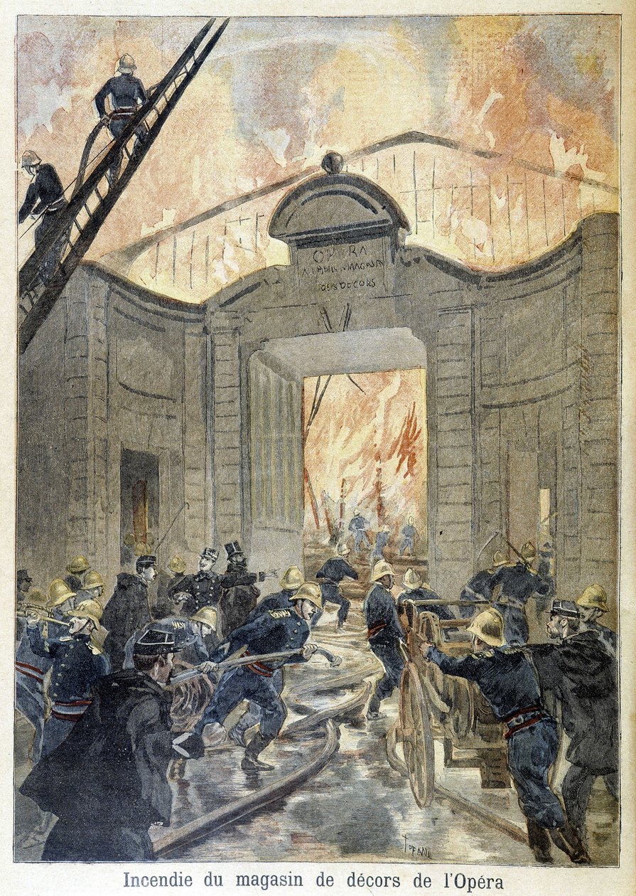 Brandweerinterventie tijdens de brand van de decorwinkel van de opera. Illustratie van de 
