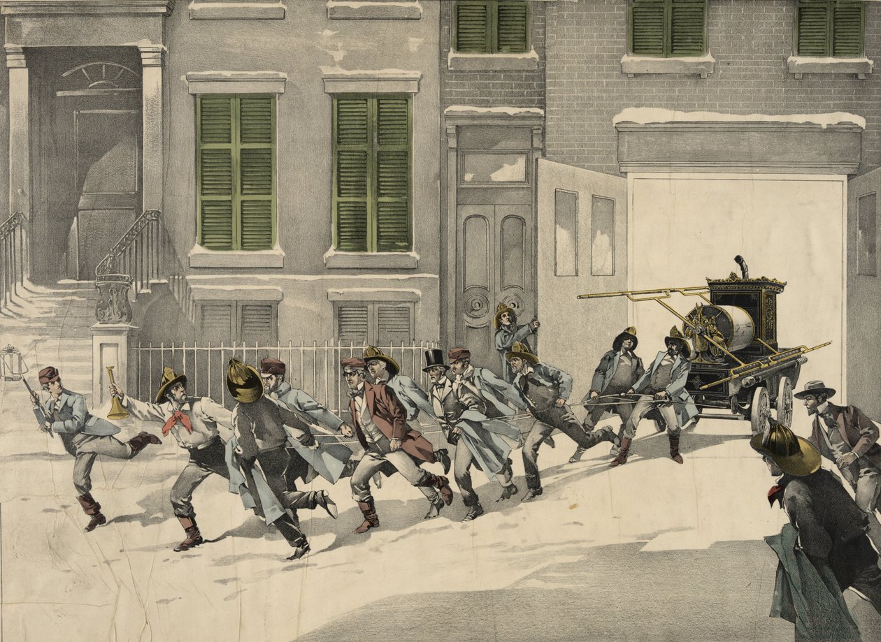 Brandweerlieden vertrekken naar noodoproepen op de brandplaats, aquarel van 1895. VS door Unknown artist