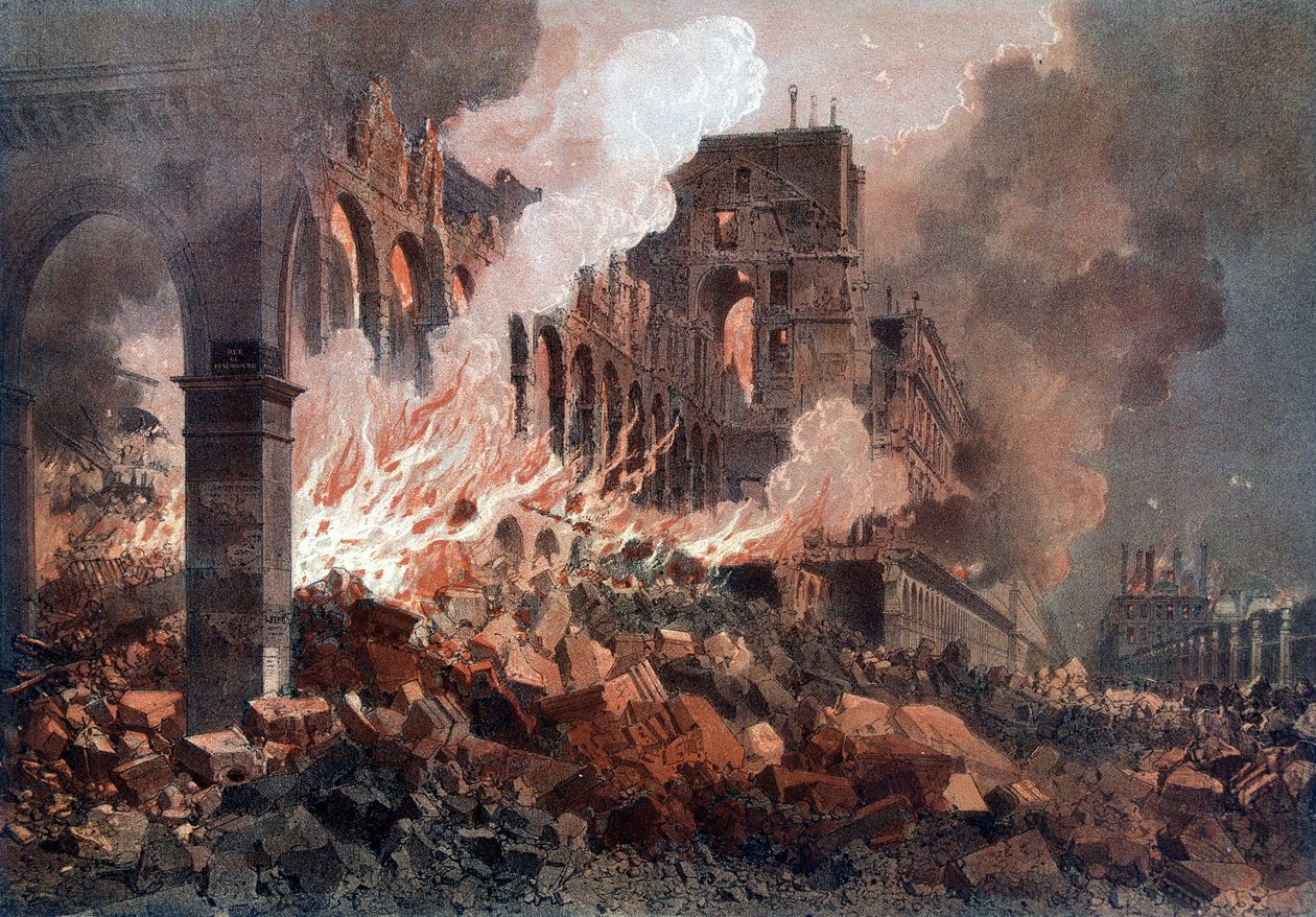Brand van het Ministerie van Financiën (destijds in de Tuilerieën) op 24 mei 1871 - lithografie, eind 19e eeuw door Unknown artist