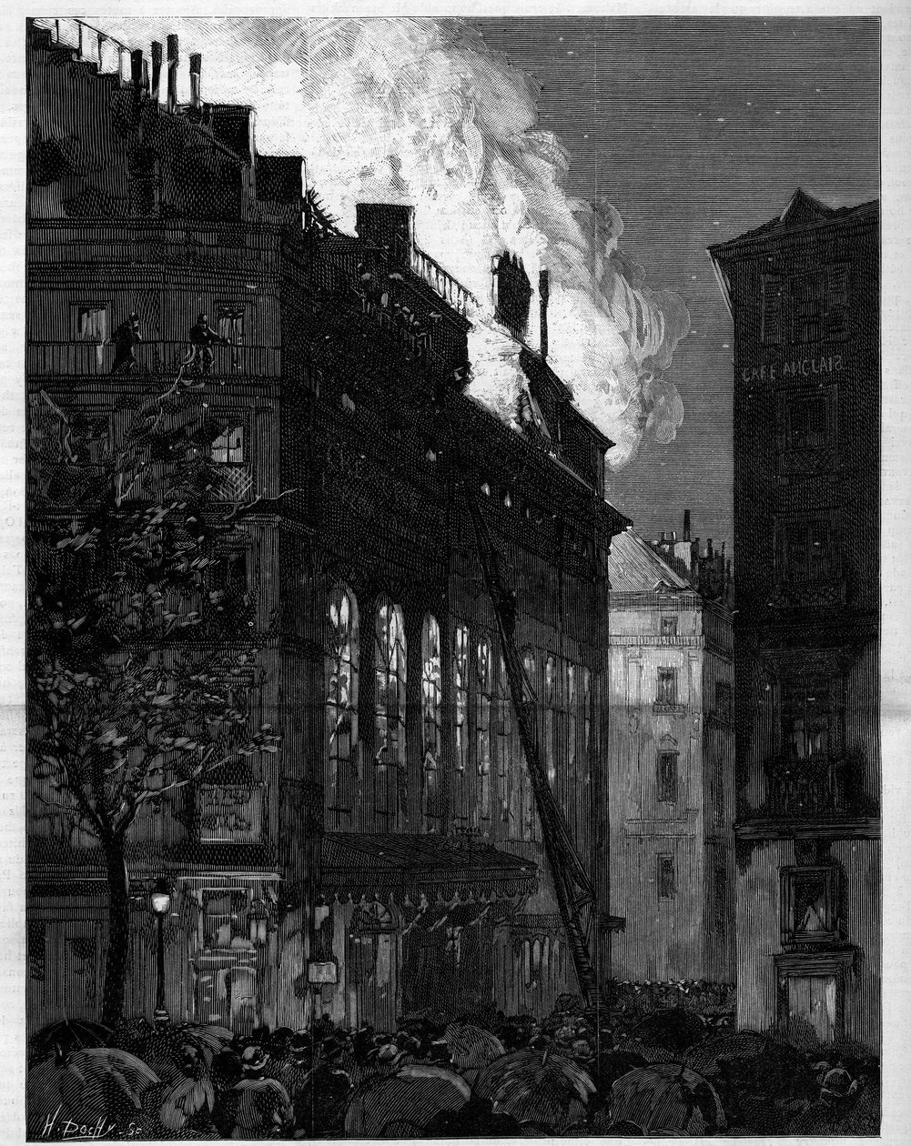 Brand van de Opera Comique in Parijs gezien vanaf Rue Marivaux en Boulevard des Italiens op 26 mei 1887. Gravure in 