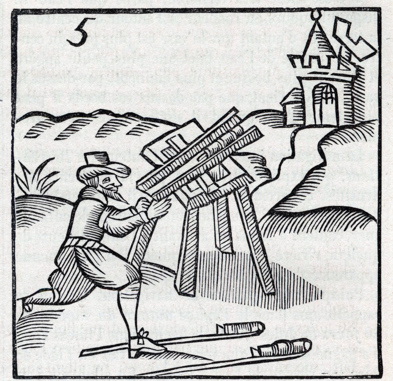 Vuurwerk en vuurwerk: Ambachtsman die stokjes gooit. Reproductie van de gravures van het werk van de Franse jezuïet Jean Leurechon 