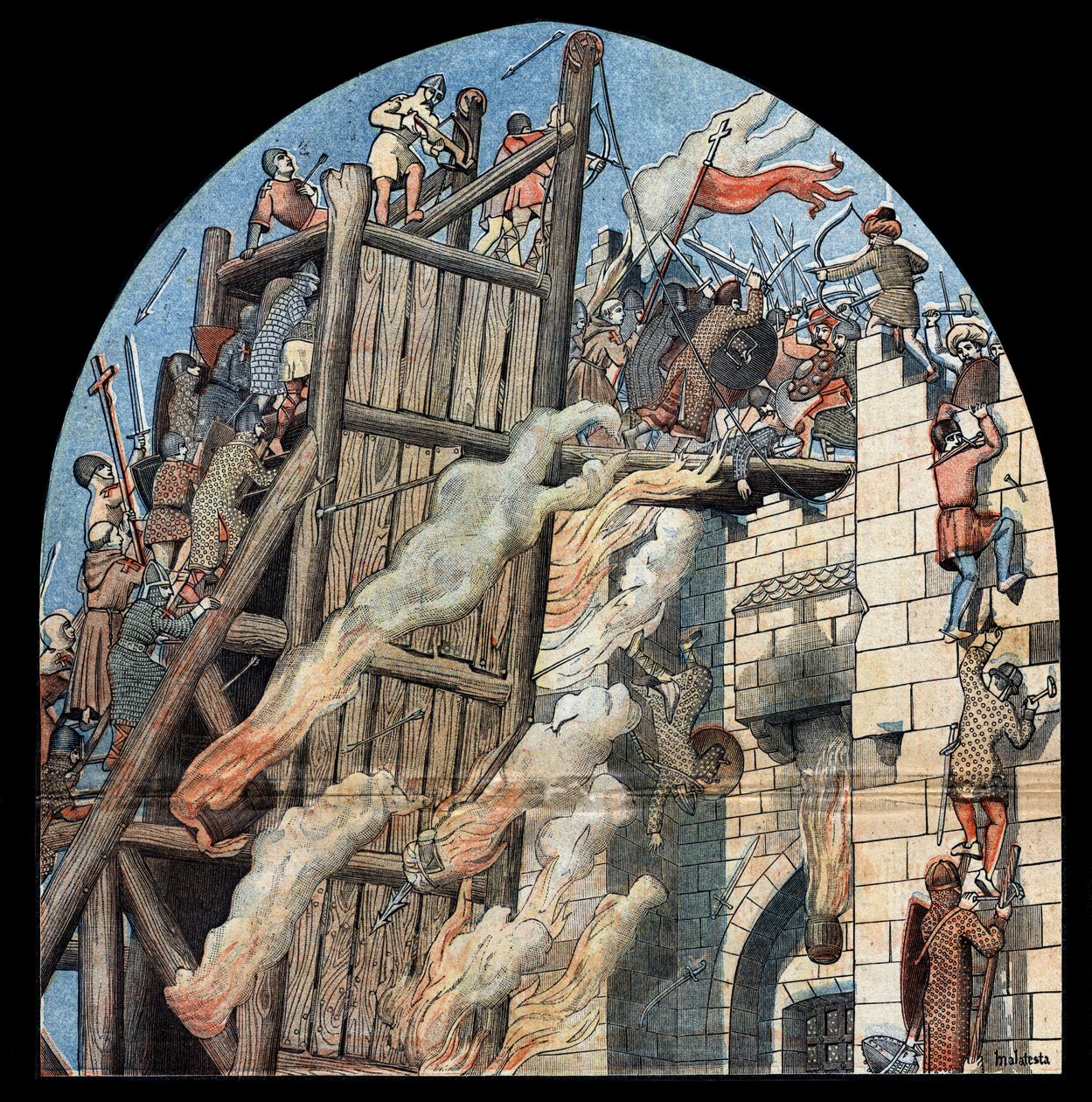 Eerste Kruistocht: het beleg en de inname van Jeruzalem door de kruisvaarders onder leiding van Godefroy de Bouillon (1058-1100) in 1099. door Unknown artist