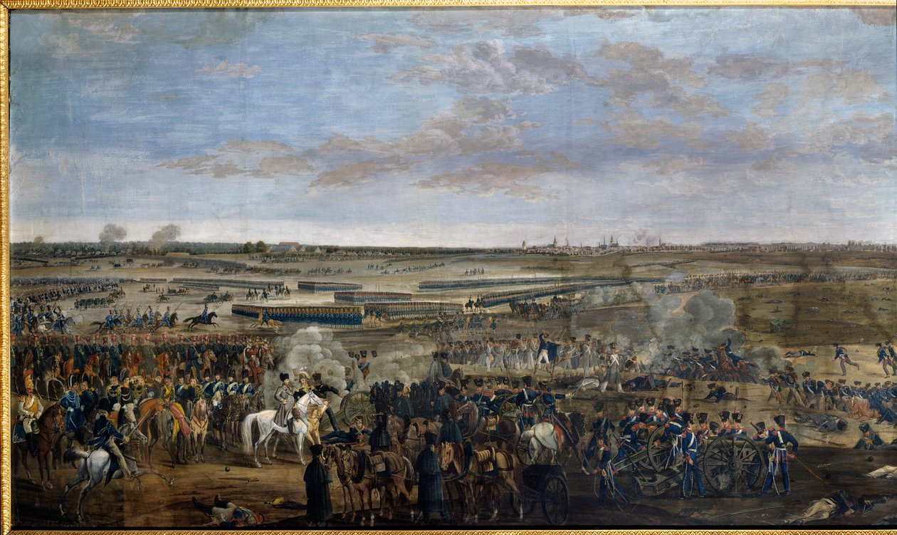 Eerste Keizerrijk: Keizer Napoleon I (1769-1821) (op het witte paard) bij de Slag bij Leipzig (Slag der Naties), 16-19 oktober door Unknown artist