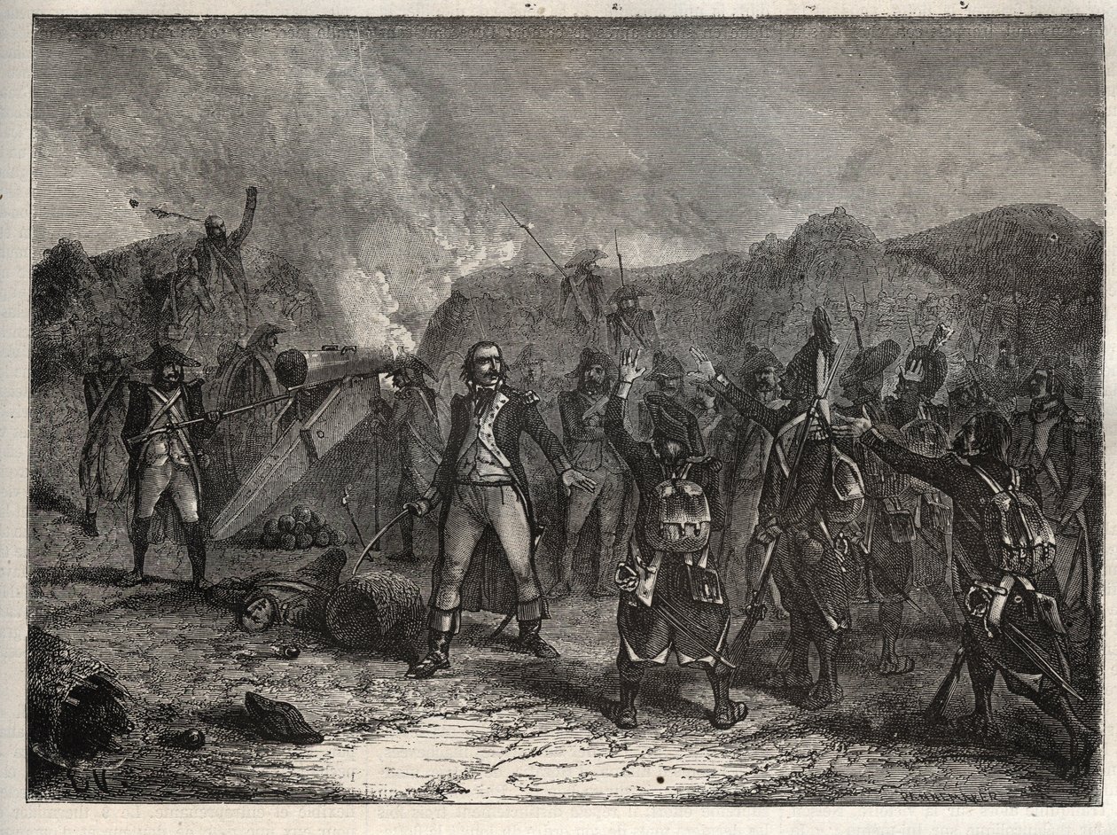 Eerste coalitie: Kolonel Antoine Guillaume (Antoine-Guillaume) Rampon (1759-1842) bij de Slag bij Montenotte op 12 april 1796, tijdens de Italiaanse campagne die de Franse troepen van Napoleon Bonaparte tegenover de Oostenrijkse en Sardijnse legers stelde door Unknown artist